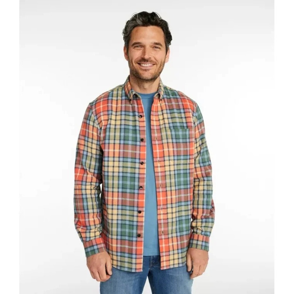 L.L. Bean Mens Scotch Plaid Flannel Shirt Size L Pastel Buchanan Slightly Fitted